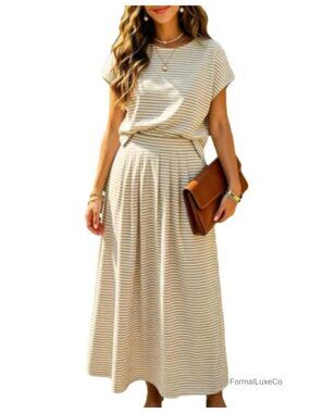 Womens 2 Piece Striped Midi Skirt Set Cap Sleeve Crop Top